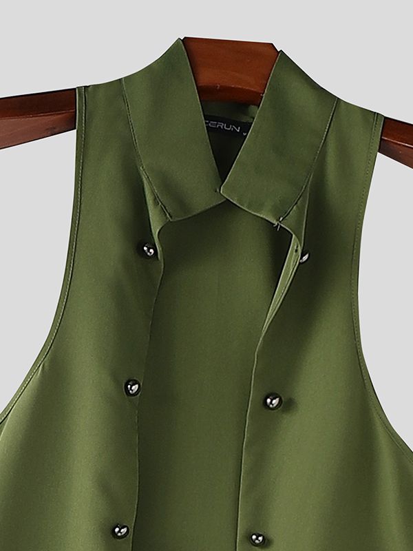 Men's Long Tail Hem Metal Buckle Sleeveless Waistcoat SKUL37660