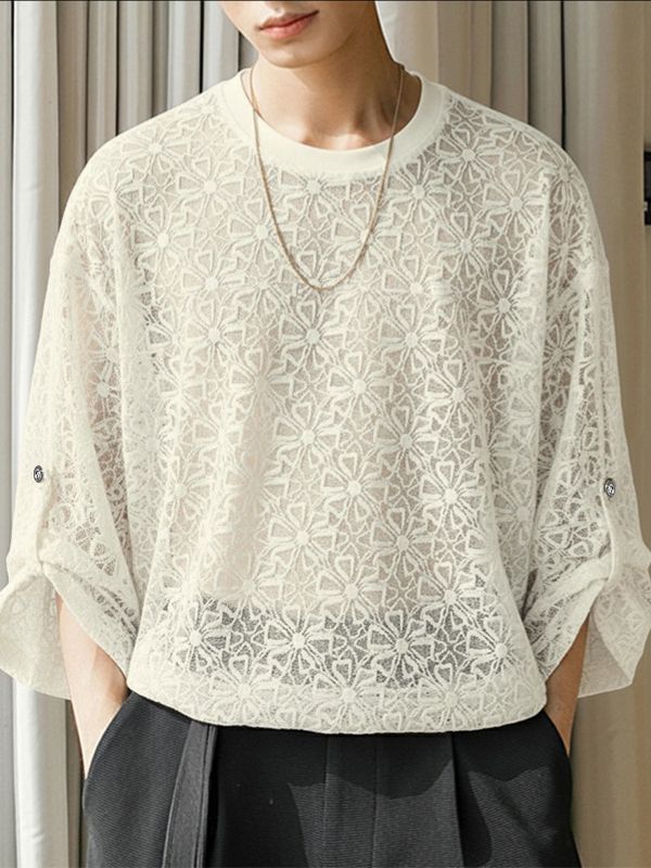Men's Jacquard Sheer Knit 3/4 Length Sleeve T-Shirt SKUL38885