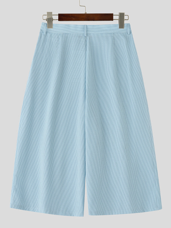 Men's Striped Button Casual Cropped Short SKUL23560