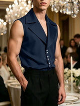 Men's Avant-Garde Tuxedo Lapel Satin Tailored Sleeveless Shirt SKUL62973