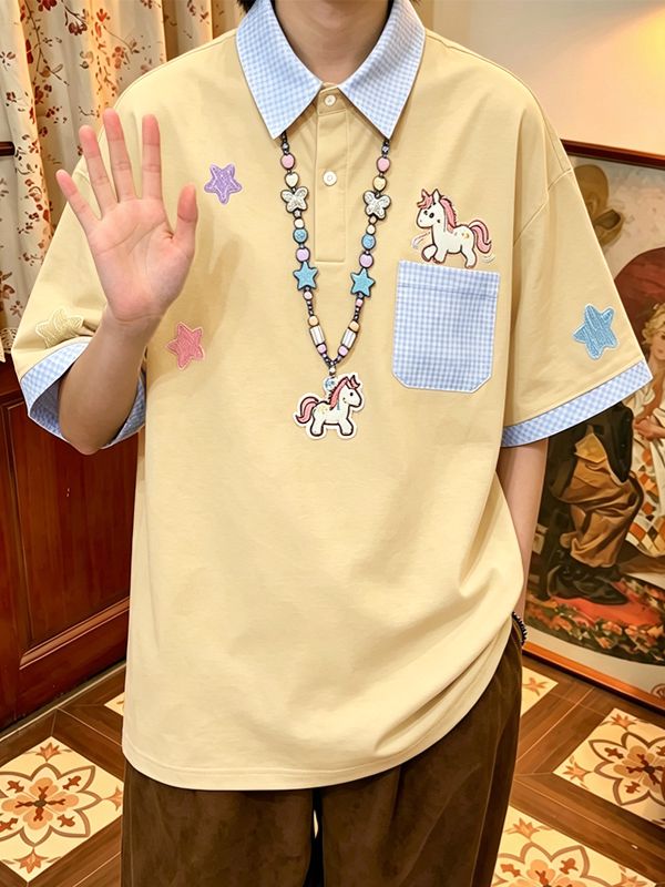 Men's Preppy Playful Unicorn Print Contrast Checked Polo Shirt SKUL70204