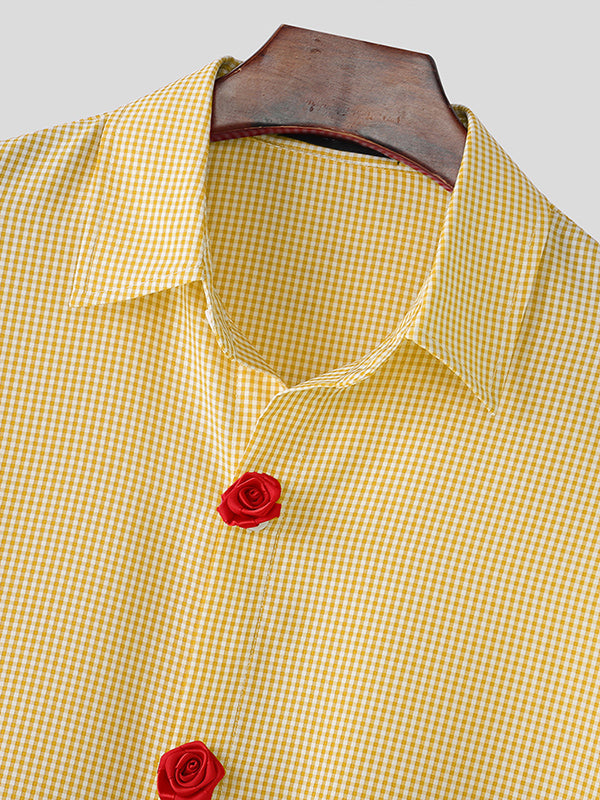 Mens 3D Floral Patchwork Plaid Half Sleeve Shirt SKUL08477