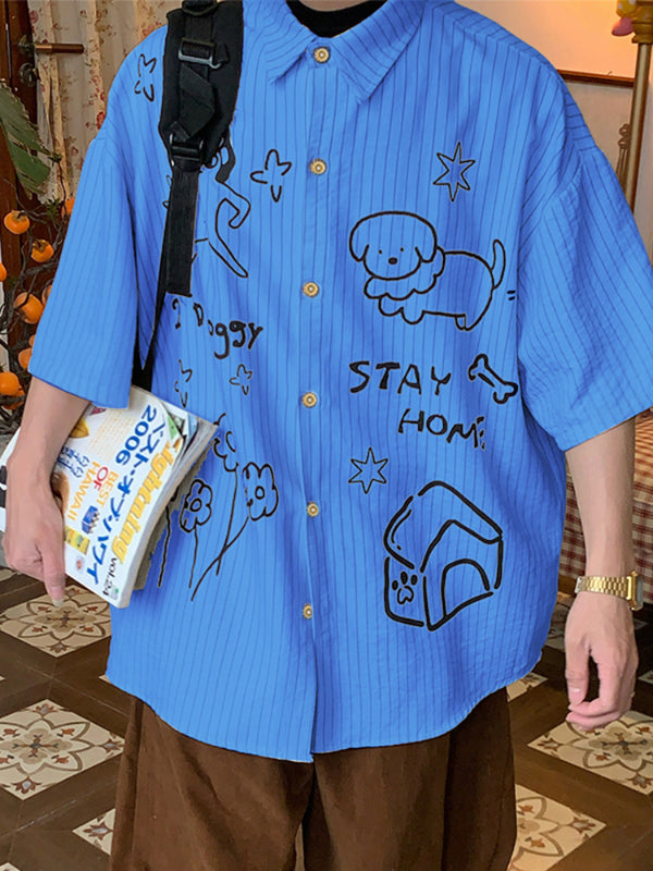 Men's Cartoon Print Striped Short Sleeve Shirt SKUL17040