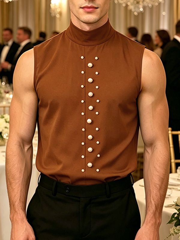 Men's Elegant Avant-Garde Pearl Embellished Mock Neck Sleeveless Tank SKUL63075