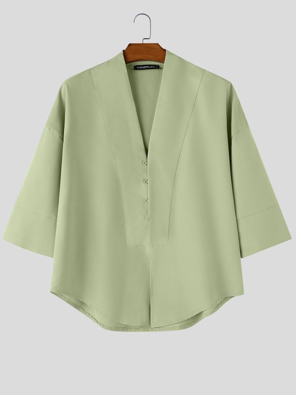 Men's Avant-Garde Zen Deep V-Neck Paneled Boxy Shirt SKUL63976