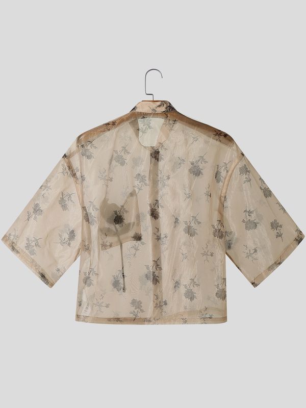 Men's Avant-Garde Sheer Floral Organza 3D Rose Appliqué Stand Collar Boxy Cropped Shirt SKUL75793