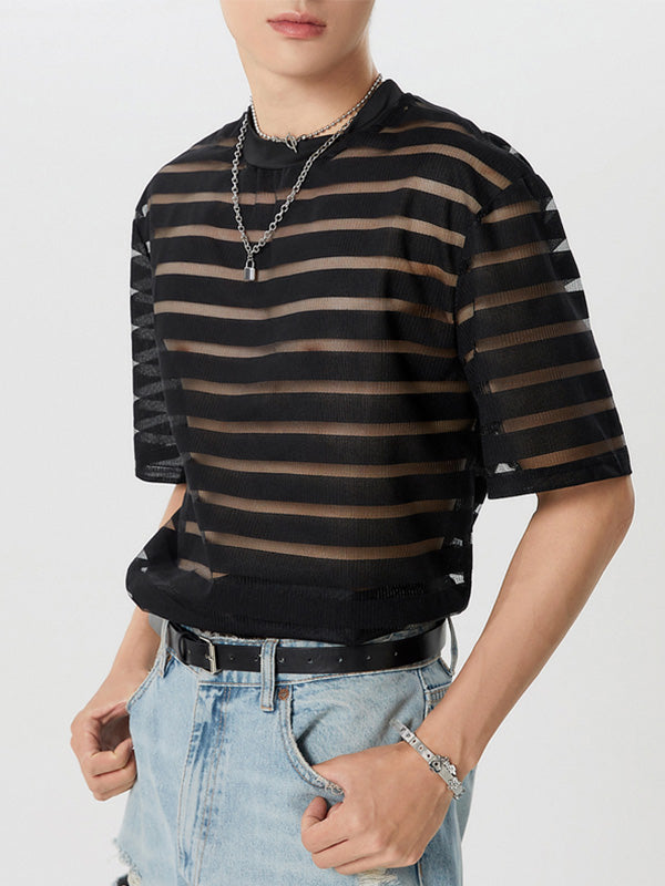 Mens Striped Mesh Half Sleeve T-Shirt SKUK35619