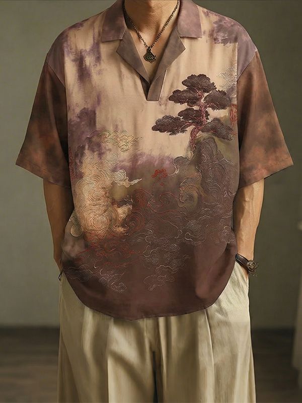 Men's Ink Style Landscape Print Gradient Short Sleeve T-shirt SKUL47727