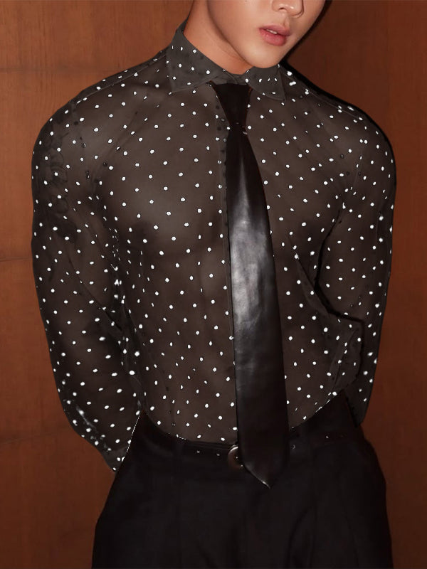 Men's Sheer Mesh Polka Dot Print Long Sleeve Shirt SKUL20217