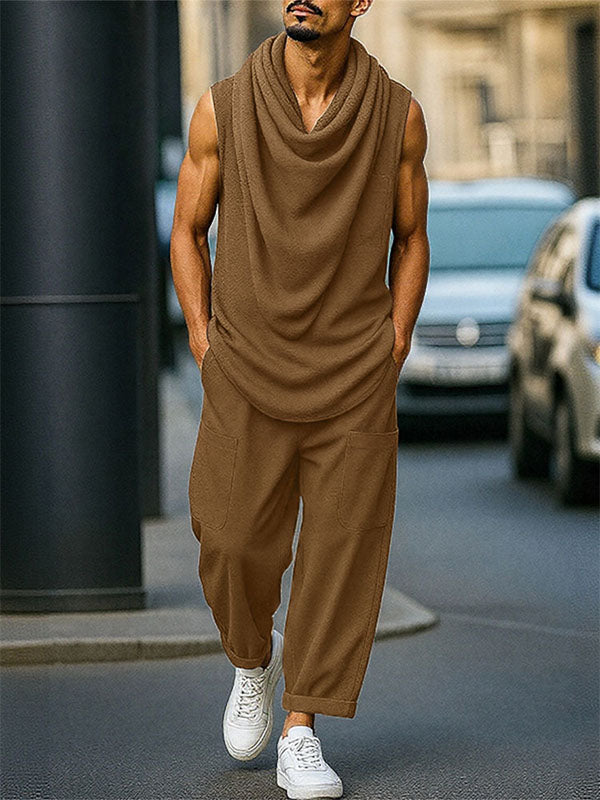 Mens Solid Color Knit Cowl Neck Two Pieces Outfit SKUL14201