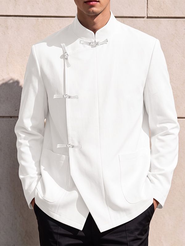 Men's Neo-Chinese Chic Evening Gala Frog Button Stand Collar Asymmetric Slanted Hem Blazer SKUL85969