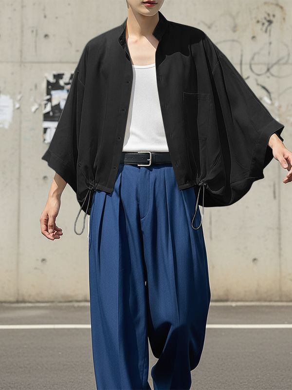 Men's Drawstring Hem Loose Long Sleeve Shirt SKUL51865