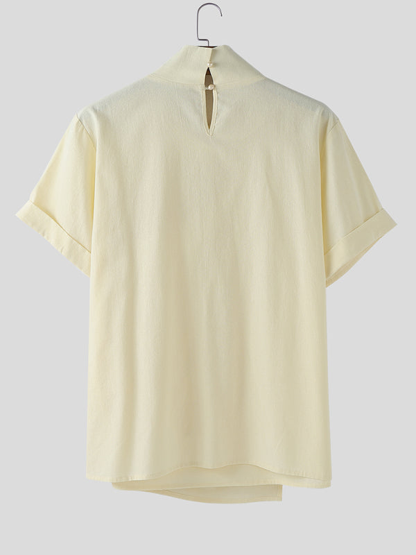 Mens Solid Color Casual High Neck Short Sleeve T-Shirt SKUL18988