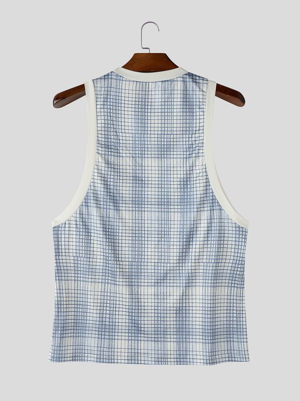 Men's Retro Athletic Aesthetic Contrast Binding Detail Deep U-Neck Tank SKUL68461