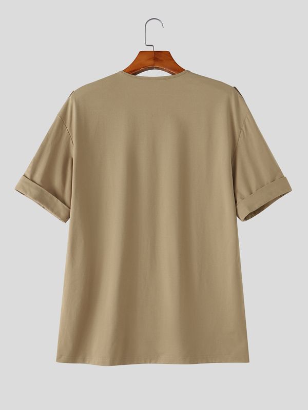 Men's Urban Casual Utility Deep-Henley Multi-Button Short Sleeve T-shirt SKUL75690