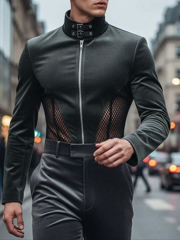 Men's Deconstructed Sheer Mesh Patchwork Design Long Sleeve T-Shirt SKUL49961