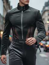 Men's Deconstructed Sheer Mesh Patchwork Design Long Sleeve T-Shirt SKUL49961