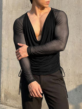 Men's Semi Sheer Mesh Draped Neck Long Sleeve T-shirt SKUL54094