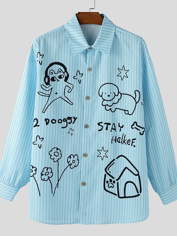 Men's Hand Drawn Cartoon Print Long Sleeve Shirt SKUL48771