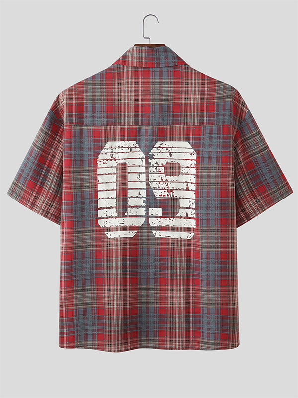 Men's Number Print Plaid Short Sleeve Shirt SKUL21115