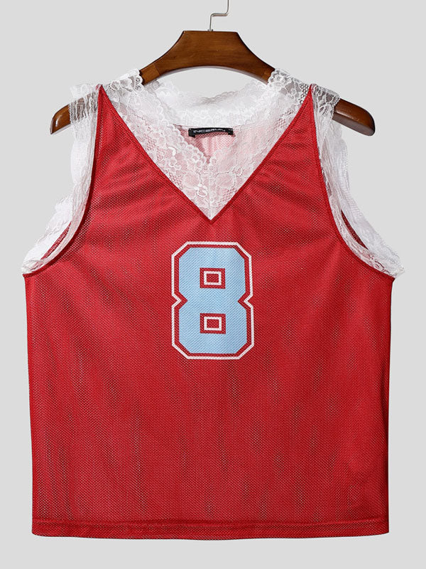Men's Lace Patchwork Number Print Tank SKUL20288