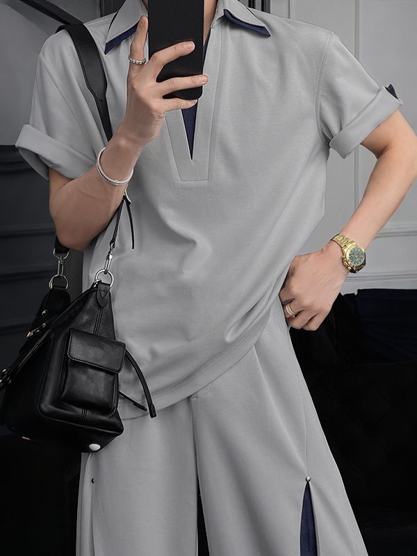 Men's Faux Two Piece Contrast Turn Down Collar Two Pieces Outfit SKUL51066