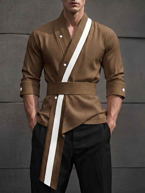 Men's Avant-Garde Asian Fusion Cross Collar Contrast Trim Belted Wrap Shirt SKUL76544
