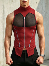 Men's High Street Fashion Mesh Patchwork Multi Zipper Mock Neck High Street Tank SKUL63645