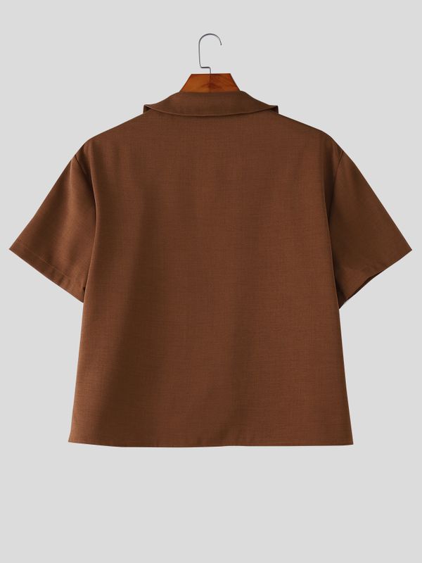 Men's Asymmetrical Slanted Placket Heart-Button Round Collar Shirt SKUL59567