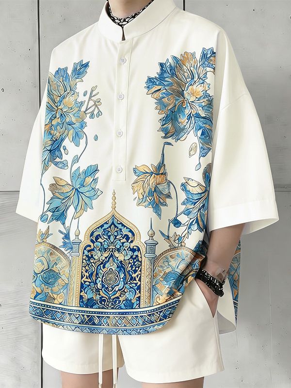 Men's Neo-Chinese Mandrin Collar All-Over Architectural Chrysanthemum Print Short Sleeve Shirt SKUL68399