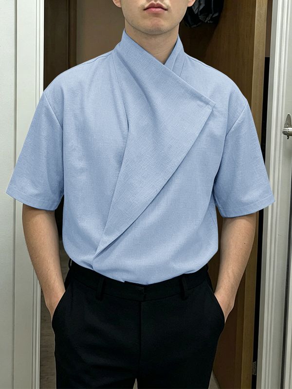 Men's Avant-Garde Minimalist Architectural Wrap-Front High-Collar Shorts Sleeve Shirt SKUL63670