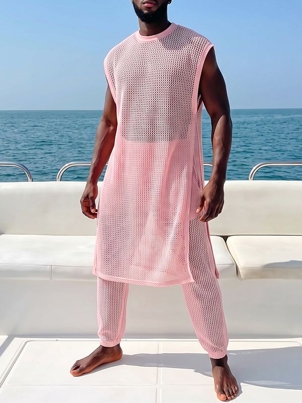Men's Luxury Resort Crochet Mesh Longline Two Pieces Outfit SKUL74635