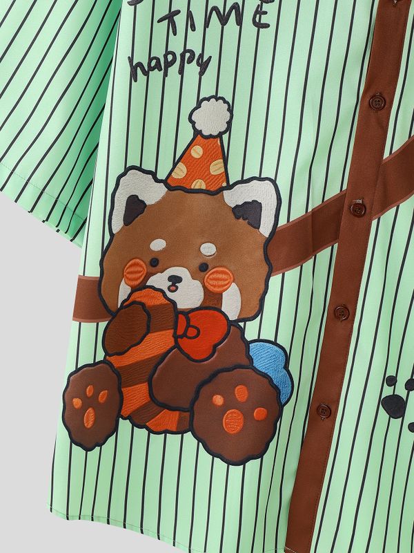 Men's Japanese Vintage Vertical Stripe Cartoon Bear Print Contrast Lapel Short Sleeve Shirt SKUL59664