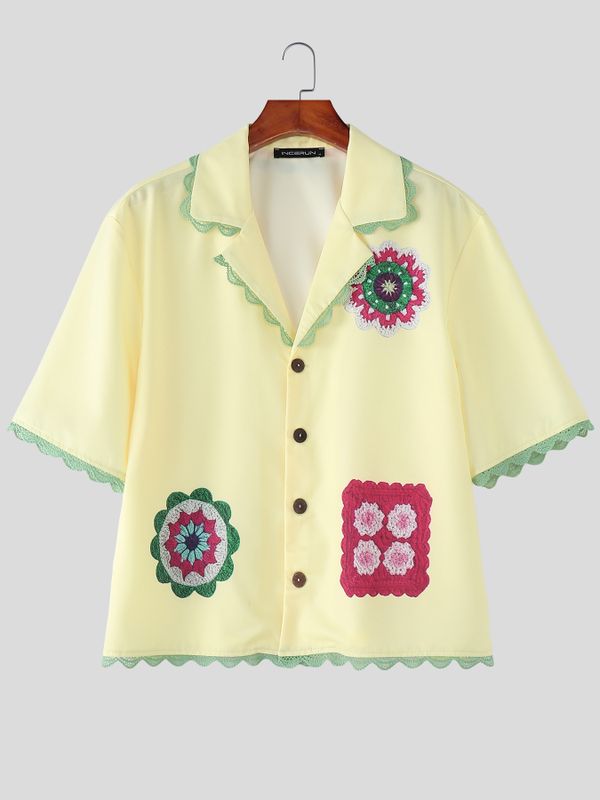 Men's Avant-Garde Crochet Floral Patchwork Scalloped Trim Cropped Camp Collar Shirt SKUL50754