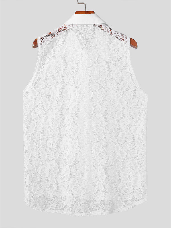 Mens Floral Lace See Through Sleeveless Shirt SKUK60428