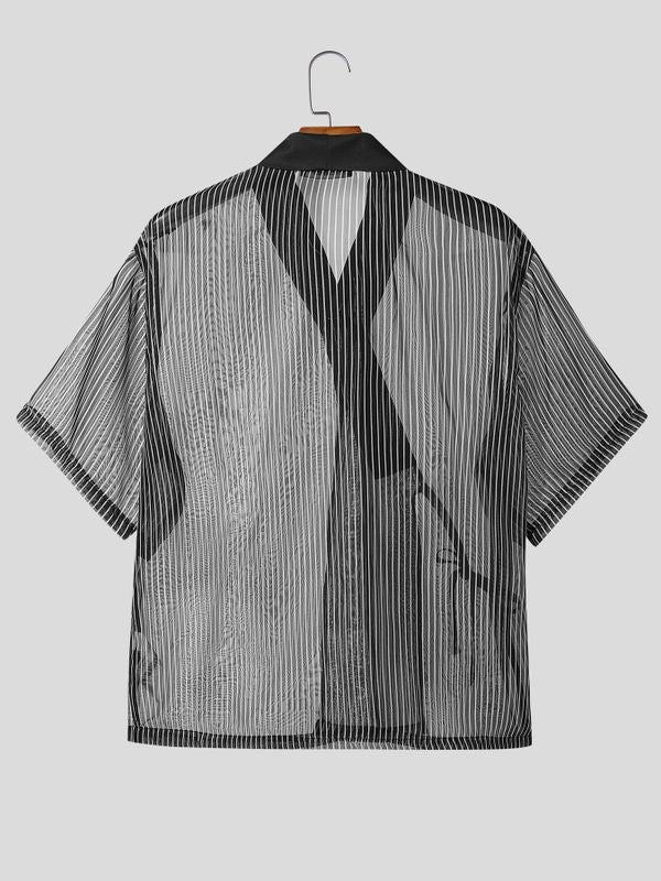 Men's Avant-Garde Sheer Organza Stripe Cross Wrap Tie Side V-Neck Cardigan SKUL62036