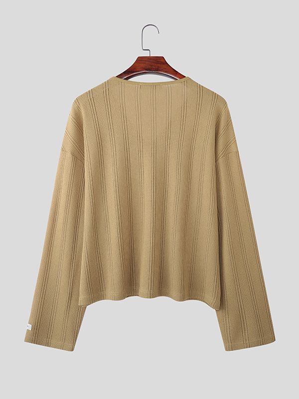 Men's Solid Color Textured Long Sleeve T-shirt SKUL50897