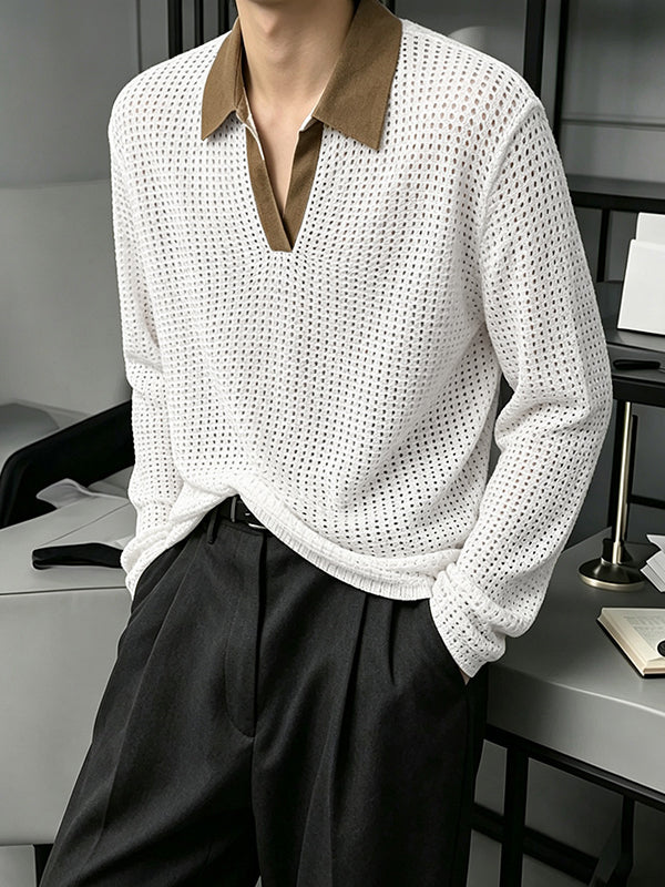 Men's Sexy Party See-Through Mesh Open Knit Long Sleeve Shirt SKUL79541