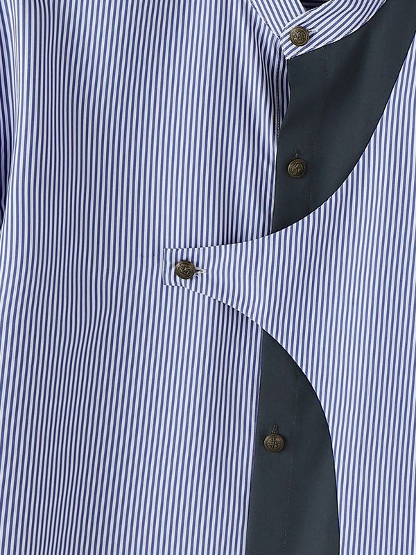Men's Avant-Garde Asymmetrical Curved Contrast Placket Pinstripe Shirt SKUL64198