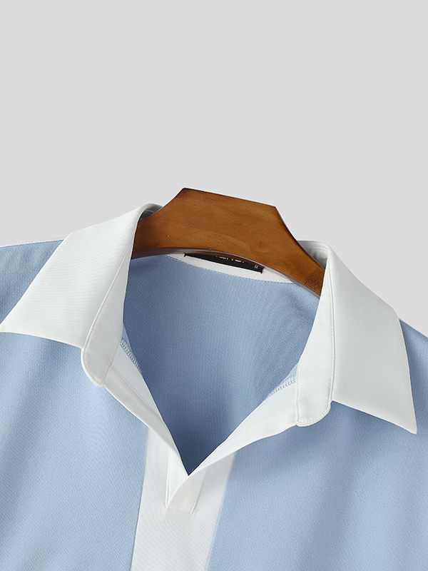 Men's Contrast Color Cropped Lapel Long Sleeve Shirt SKUL50915