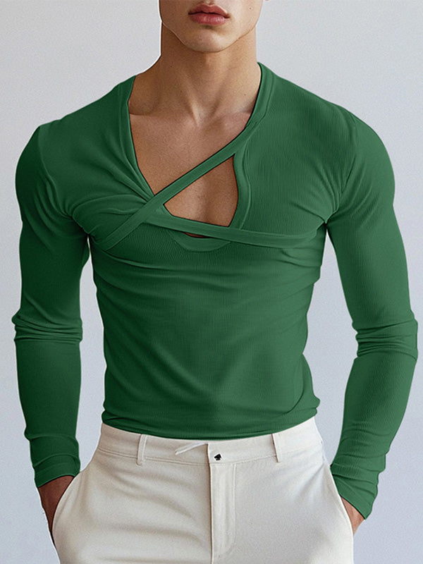 Mens Deconstructed Solid Color Long-Sleeve T-Shirt SKUK85579