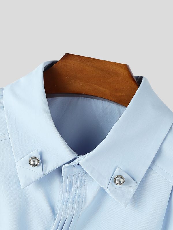 Men's Early Autumn Urban Casual Front Pleat Loose Fit Long Sleeve Turn-Down Collar Shirt SKUL78144