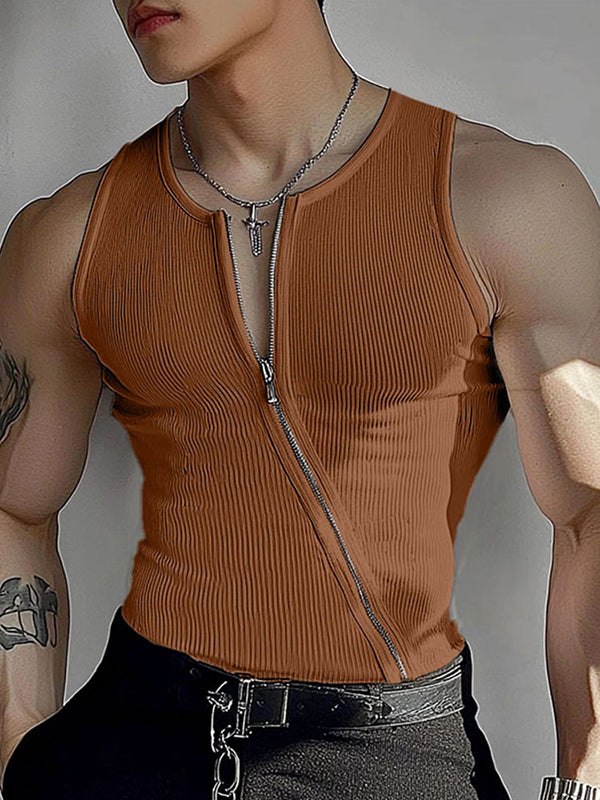 Mens Solid Color Asymmetrical Zip-Up Tank SKUL01332
