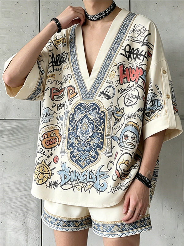 Men's High-Street Avant-Garde Graffiti Print Loose Short Sleeve Shirt SKUL70363