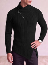 Men's Avant-Garde Urban Casual Asymmetrical Slanted Zipper Ribbed Knit Pointed Hem Long Sleeve Stand Collar Sweater SKUL82403