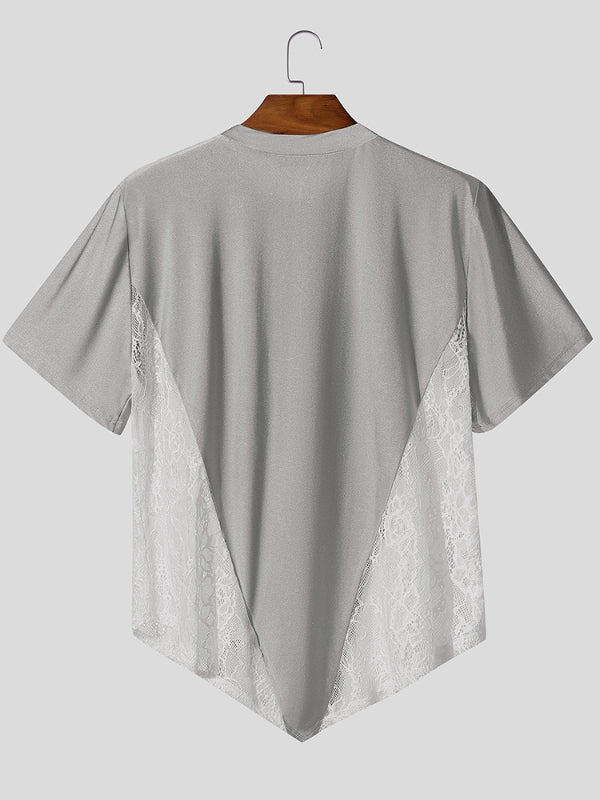 Men's Number Print Lace Sheer Patchwork Short Sleeve T-Shirt SKUL22234