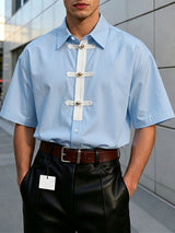 Men's Contrast Color Patchwork Gold Frog Button Lapel Short Sleeve Shirt SKUL61865