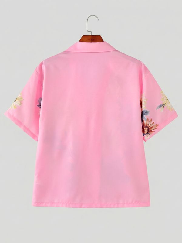 Men's Summer Hawaiian Sunflower Print Cuban Collar Open Front Tie Knot Short Sleeve Shirt SKUL58684