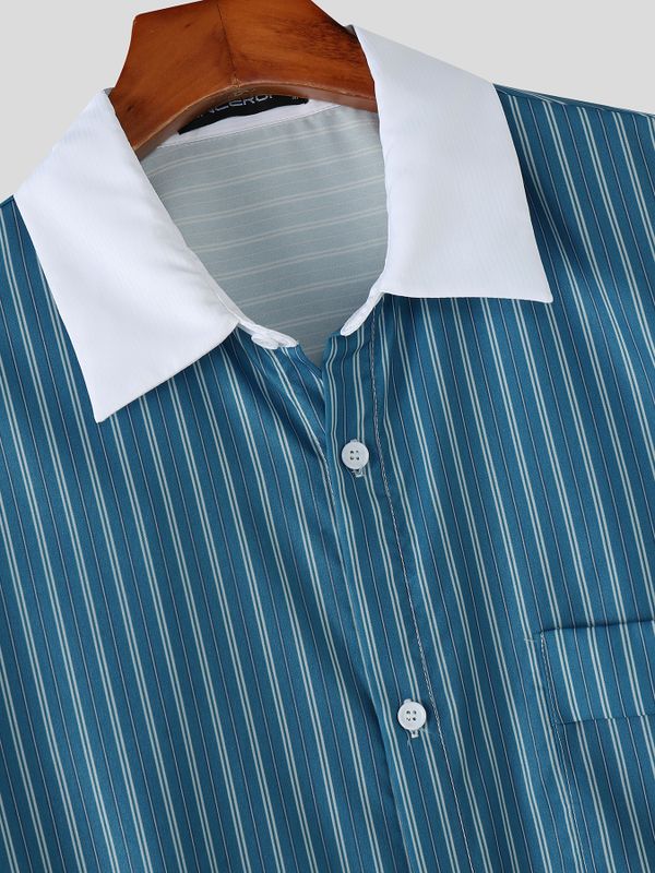 Men's Vintage Americana Contrast Camp Collar Pinstripe Short Sleeve Shirt SKUL58710