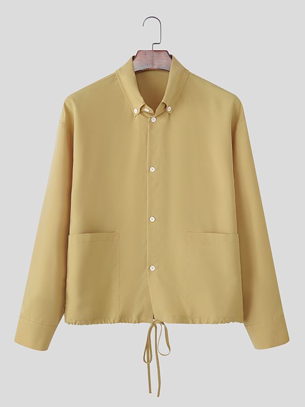 Men's Solid Color Drawstring Long Sleeve Shirt SKUL39794